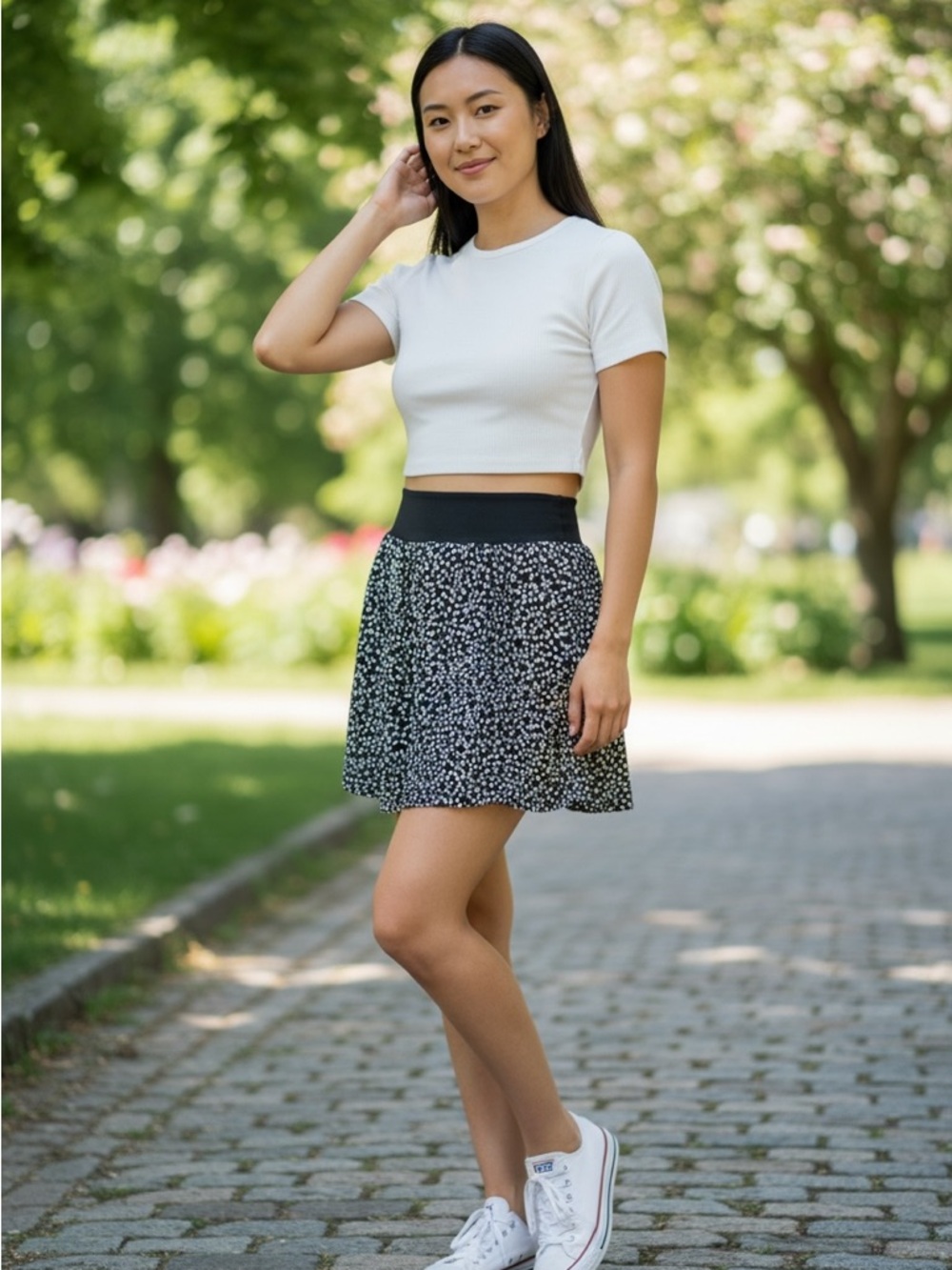 Women’s Black Floral A-Line Skirt with Elastic Waistband